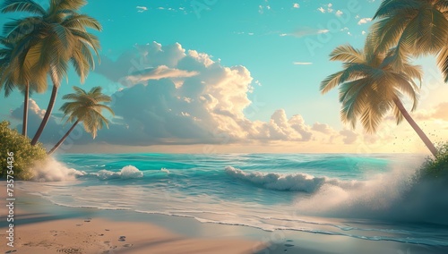 Serene tropical beach panorama with gentle waves and palm trees. ideal for travel and postcards. relaxing seaside scenery captured. AI