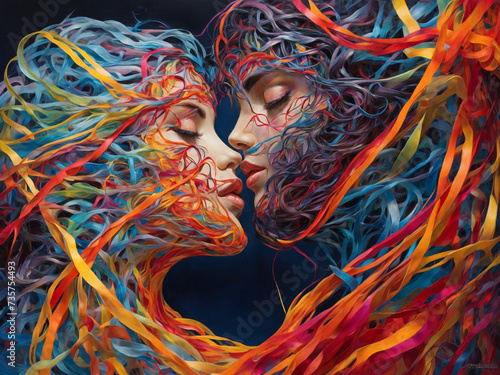 a couple with vibrant web of tangled lines and colors 