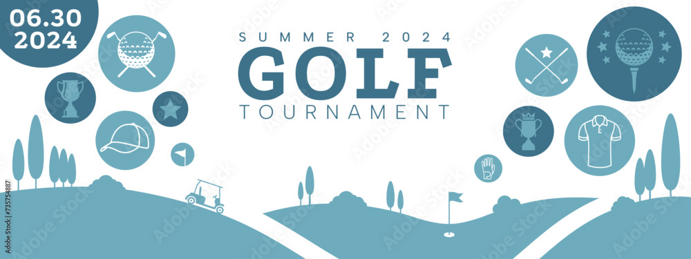Golf banner. Club poster with golf cup and ball, tournament flyer design with green grass, putter and cup. Vector illustration Golf banner. Club poster with golf cup and ball, tournament flyer design with green grass, putter and cup. Vector illustration