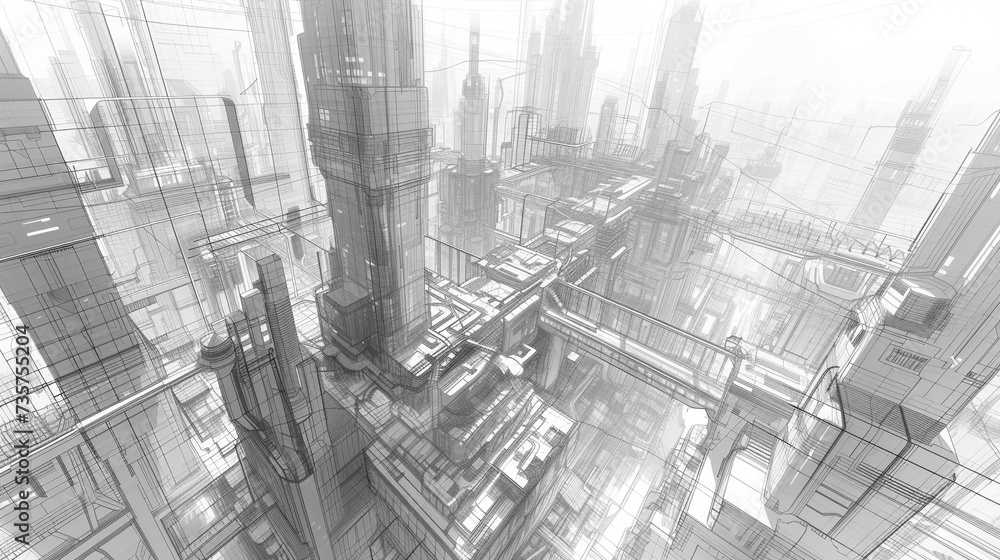 An illustration of a futuristic cityscape made entirely of wireframe structures interwoven with electric circuits