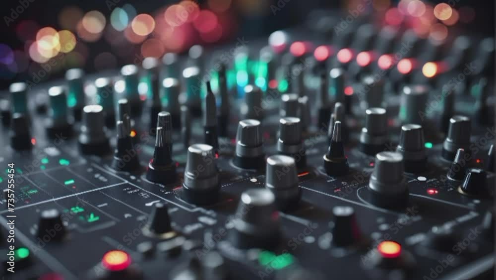 close-up of an audio mixer with a background of bokeh lights, suitable for entertainment needs close-up of an audio mixer with a background of bokeh lights, suitable for entertainment needs