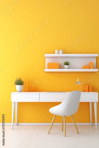 A mockup of a colorful office interior with a sleek white desk, a vibrant yellow chair, and minimalist wall shelves. © Danish