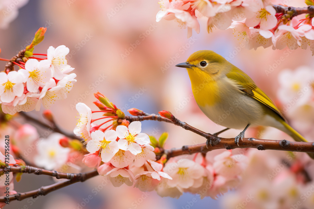 A delicate bird among spring blossoms, a serene image of new beginnings. AI Generative. A delicate bird among spring blossoms, a serene image of new beginnings. AI Generative.