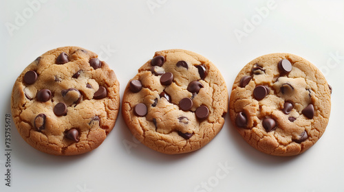 Set cookies chocolate chip. Isolated of  dark chocolate chip cookies piece set stack and crumbs on white background of closeup tasty bakery organic homemade American biscuit sweet dessert. snack. 