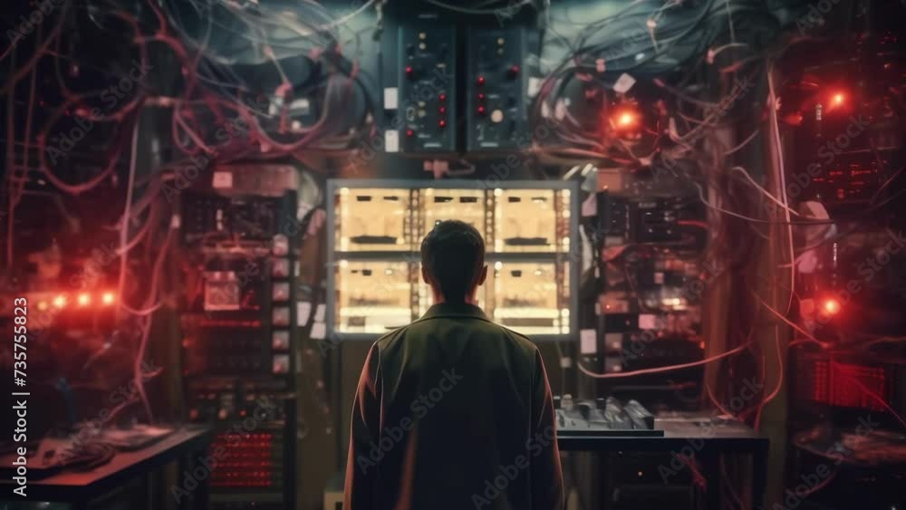 A lone figure stands in a room filled with machines and equipment. His gaze is laserfocused as he experiments with a circuit manipulating A lone figure stands in a room filled with machines and equipment. His gaze is laserfocused as he experiments with a circuit manipulating