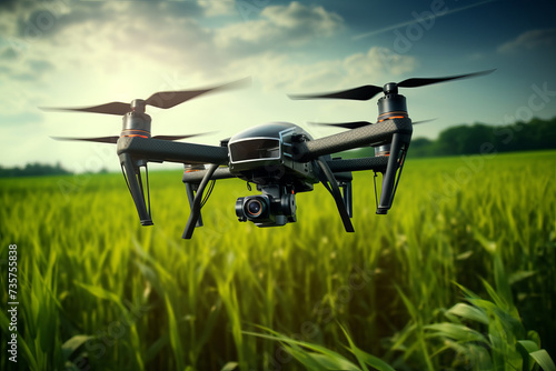 Drone in flight over lush cornfield capturing agricultural advancements  AI Generative.