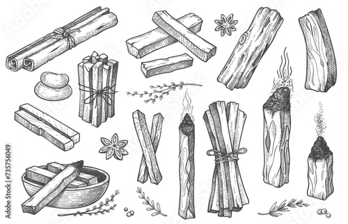 Palo santo sticks. Hand drawn aroma burning stick, ritual elements and sacred symbols for witchcraft, boho aromatherapy wood. Vector collection