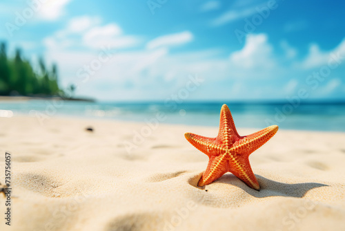 Starfish on sandy beach with clear blue waters, epitomizing tropical serenity, AI Generative.