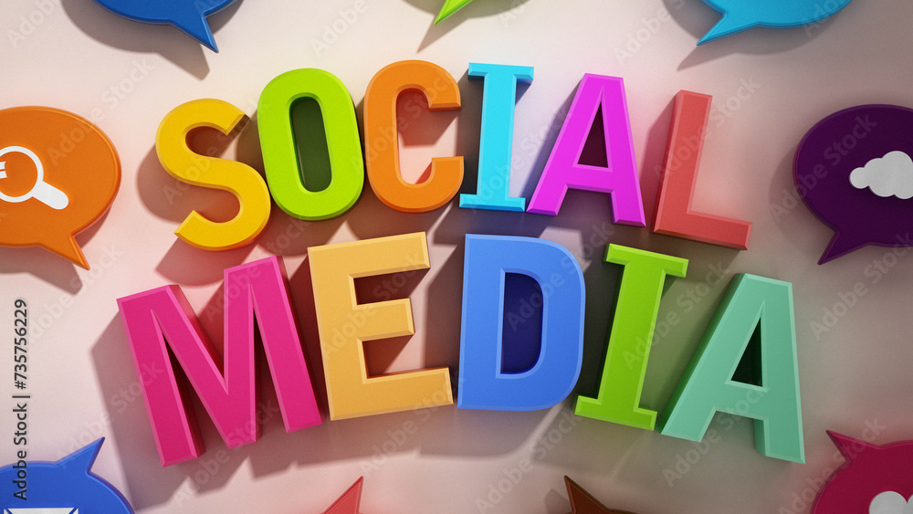 Speech balloons with technology icons around social media text. 3D illustration Speech balloons with technology icons around social media text. 3D illustration