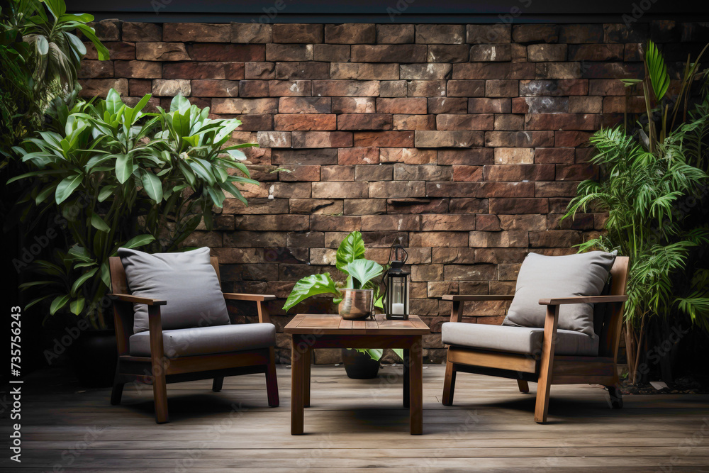 Envision an outdoor setting with a simple brick wall showcasing earthy hues. Connect with the natural warmth and inviting atmosphere that such a textured surface can bring to exterior spaces. - obrazy, fototapety, plakaty 