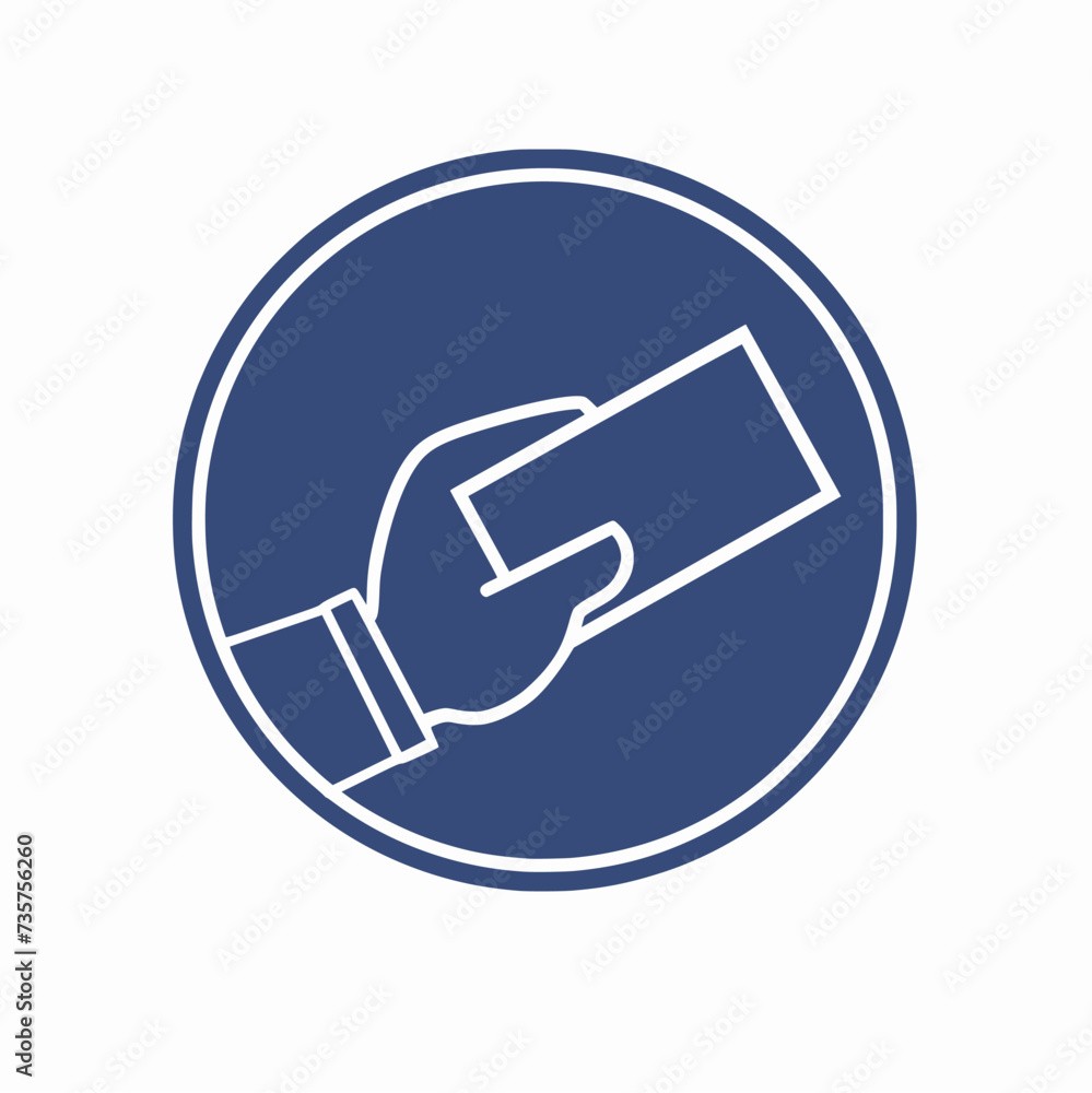 hand holding card blue sign in a circle isolated on white background hand holding card blue sign in a circle isolated on white background