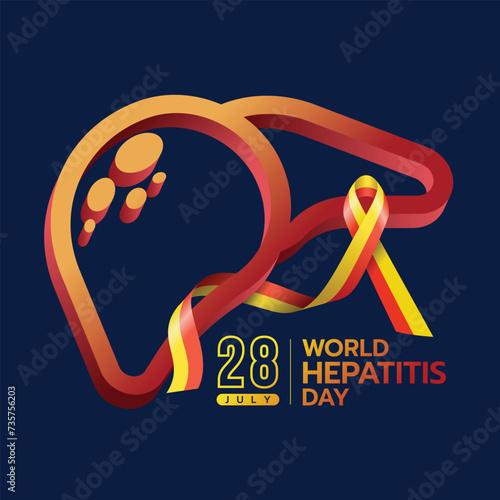 World hepatitis day - Yellow and red ribbon sign cross 3D line the liver sign on dark blue background vector design