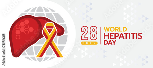 World hepatitis day - the liver with hexagonal shape texture and yellow red ribbon sign on circle globe earth sign vector design