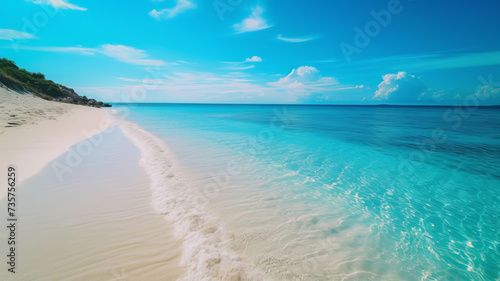 Crystal-clear waters kiss the white sands of a serene beach under a bright blue sky AI Generative. © Alisa