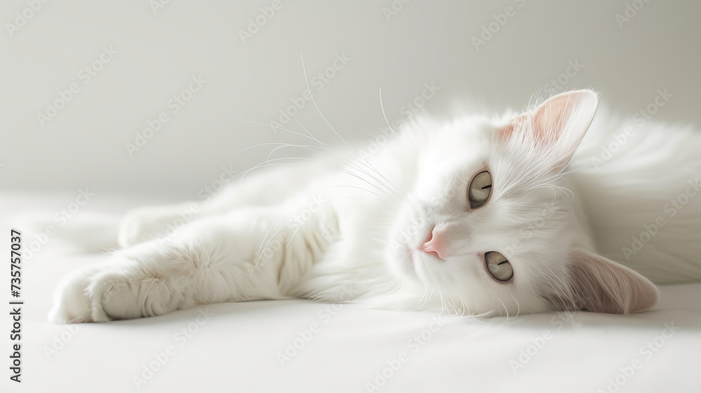 A serene white cat lying comfortably, embodying peace and domestic grace, AI Generative. A serene white cat lying comfortably, embodying peace and domestic grace, AI Generative.