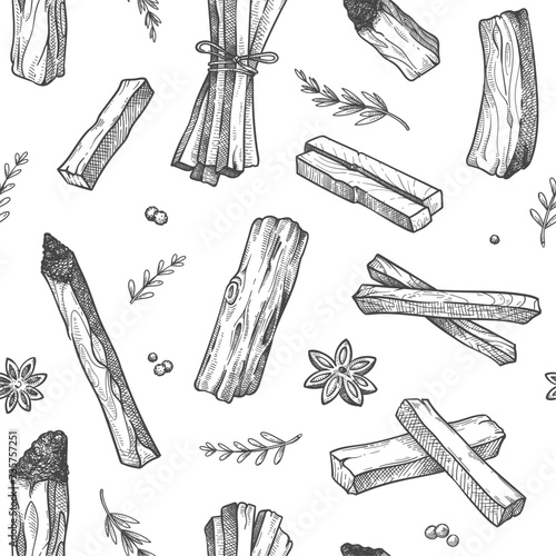 Palo santo pattern. Seamless print of folklore ritual burning stick, hand drawn aroma wood pile for fabric wallpaper. Vector texture