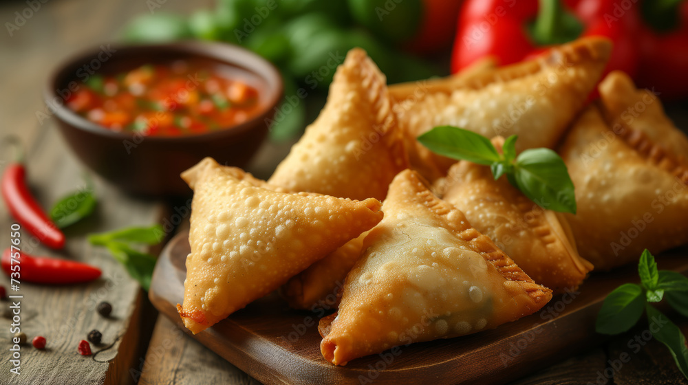 The fried crispy samosa lies on a wooden board next to the sauce and herbs