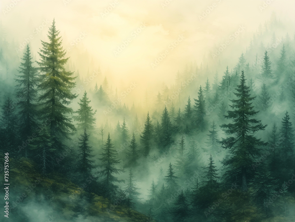 Wallpaper murals Coniferous forest in the fog, Mountains with fir trees and fog