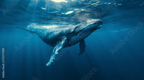 Majestic whale swimming in the serene deep blue sea  a glimpse of ocean life  AI Generative.
