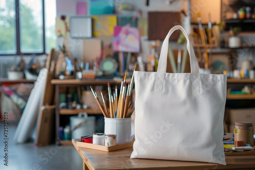 Creative Space with a White Tote Bag and Art Supplies: Encouraging Idea Generation.