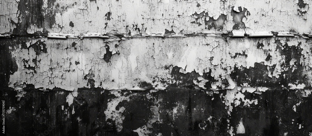 Fototapeta premium A monochrome photograph of a weathered metal wall, showcasing the contrast between the rust and the black and white tones. The rectangle building adds to the artistic landscape of the image.