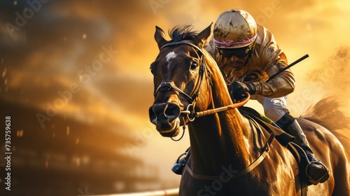 Close-up of a jockey racing a thoroughbred horse, dust and sun creating a dramatic scene. Intense Horse Race at Golden Hour