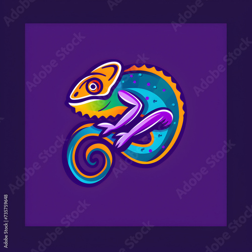A logo illustration of a colorful chameleon on a purple background. Created with generative AI.