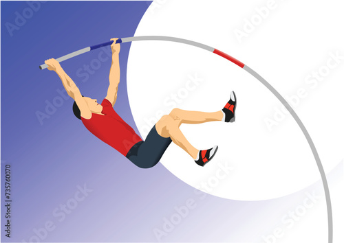 Athlete pole vaulting. Track and field. Vector 3d hand drawn illustration.