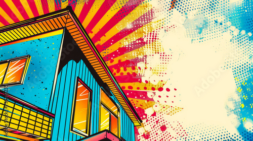 Vintage pop art illustration of a house with vibrant colors