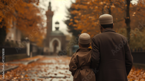 Happy Islamic oriental family going to prayer in a mosque temple, Quran © Alina Zavhorodnii