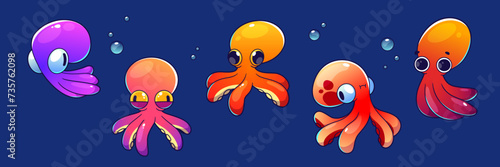 Cute childish octopus cartoon character float underwater with bubbles. Vector illustration set of cute marine or aquarium animal. Friendly sea and ocean creature with tentacle and adorable faces.