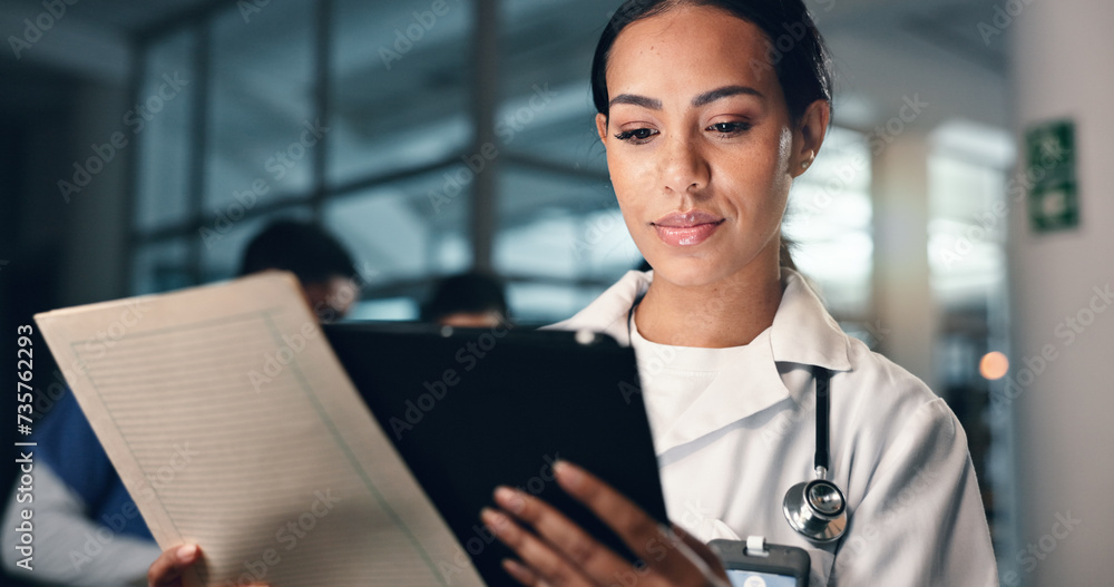 Doctor, woman and tablet with document, night and analysis for results, decision and info in hospital. Medic, digital touchscreen and paperwork for health, history and planning for thinking in clinic Doctor, woman and tablet with document, night and analysis for results, decision and info in hospital. Medic, digital touchscreen and paperwork for health, history and planning for thinking in clinic
