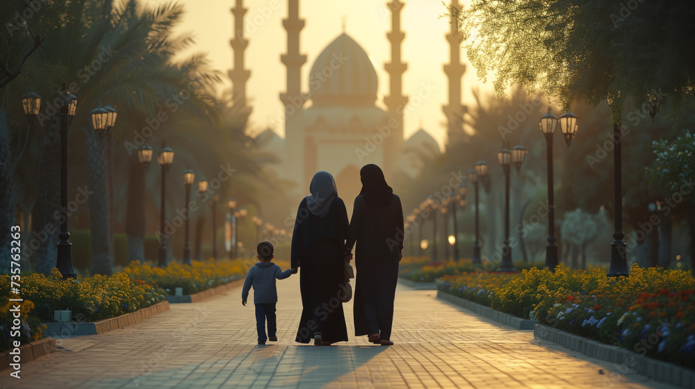 Happy Islamic oriental family going to prayer in a mosque temple, Quran