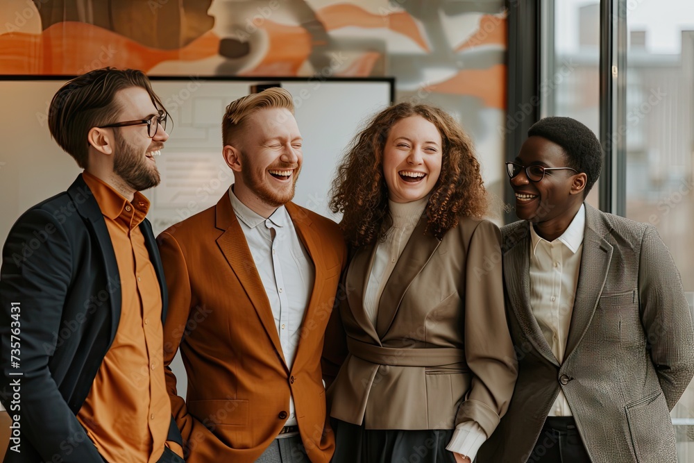 Fototapeta premium Diverse group of business professionals stands together exuding happiness and success in modern office setting showcasing perfect blend of teamwork and camaraderie smiles reflect strong sense of work