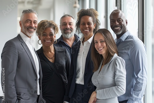 Diverse group of business professionals stands together exuding happiness and success in modern office setting showcasing perfect blend of teamwork and camaraderie smiles reflect strong sense of work