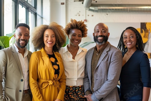 Diverse group of business professionals stands together exuding happiness and success in modern office setting showcasing perfect blend of teamwork and camaraderie smiles reflect strong sense of work