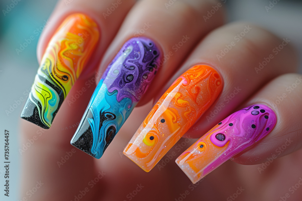 Beautiful modern coloured manicure on long nails female hand examples of bright colours on nails Beautiful modern coloured manicure on long nails female hand examples of bright colours on nails
