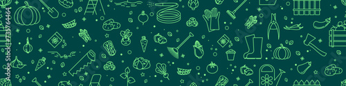 Seamless pattern with vegetables and garden tools