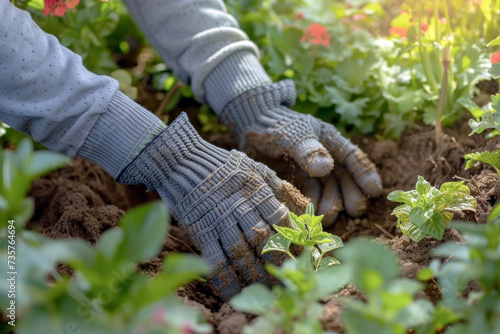 Gardening Gloves in Use. Capturing Hands Wearing Gloves Digging in Soil or Handling Plants.