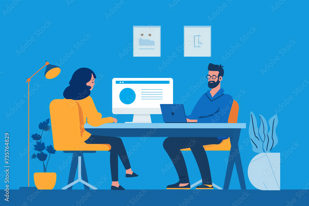 Girl and a Boy seated and working on laptops isolated in blue background, business infographic elements, employees working together Girl and a Boy seated and working on laptops isolated in blue background, business infographic elements, employees working together