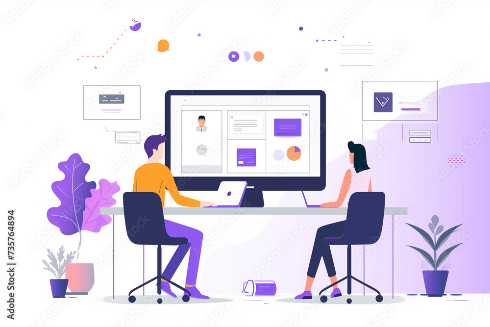 Girl and a Boy seated and working on their laptops while a big computer screen on the backdrop isolated in white background, business infographic elements, employees works with data charts and graphs Girl and a Boy seated and working on their laptops while a big computer screen on the backdrop isolated in white background, business infographic elements, employees works with data charts and graphs