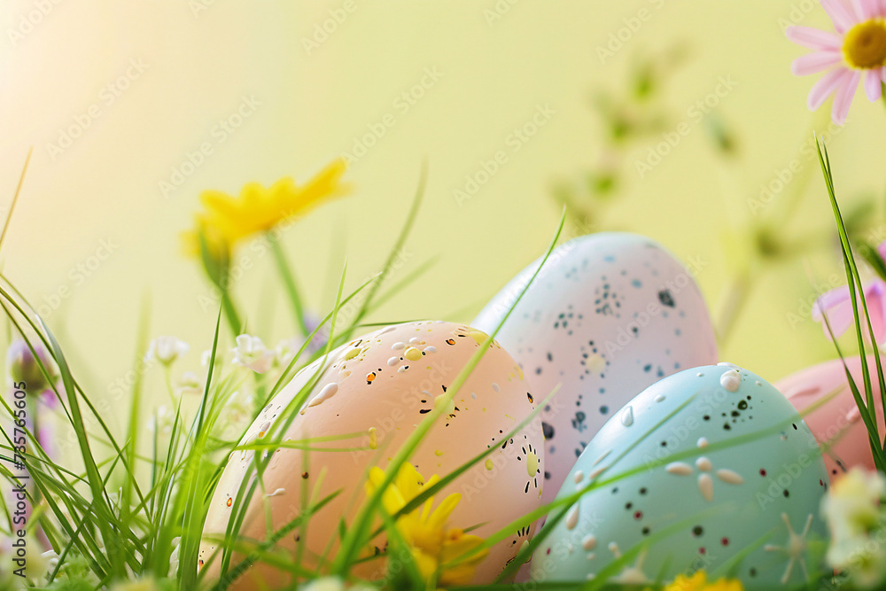 Fototapeta premium easter card, easter bunny with eggs, easter eggs and flowers, easter eggs in a basket, easter eggs and flowers on a white background, easter wall paper and background for social media 