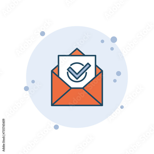 Cartoon envelope with checkmark vector illustration. Letter with check tick on bubbles background. Mail sign concept.