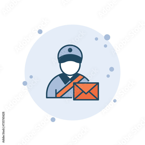 Cartoon postman vector illustration. Mailman on bubbles background. Letter sign concept.