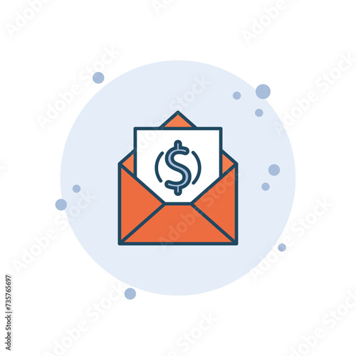 Cartoon envelope with money icon vector illustration. Send money on bubbles background. Payment sign concept.