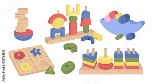 A set of educational toys for small children. Tactile surfaces, development of fine motor skills. Raising and caring for children. Children Protection Day. Vector illustration isolated