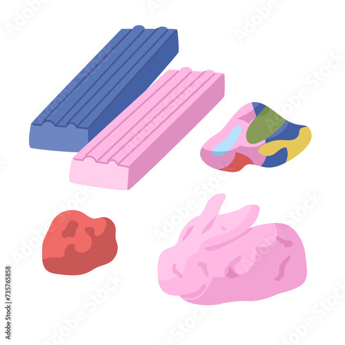 Bars of whole plasticine and plasticine products and lumps. Educational toys for small children. Raising and caring for children. Development of fine motor skills of the hands. Vector illustration.