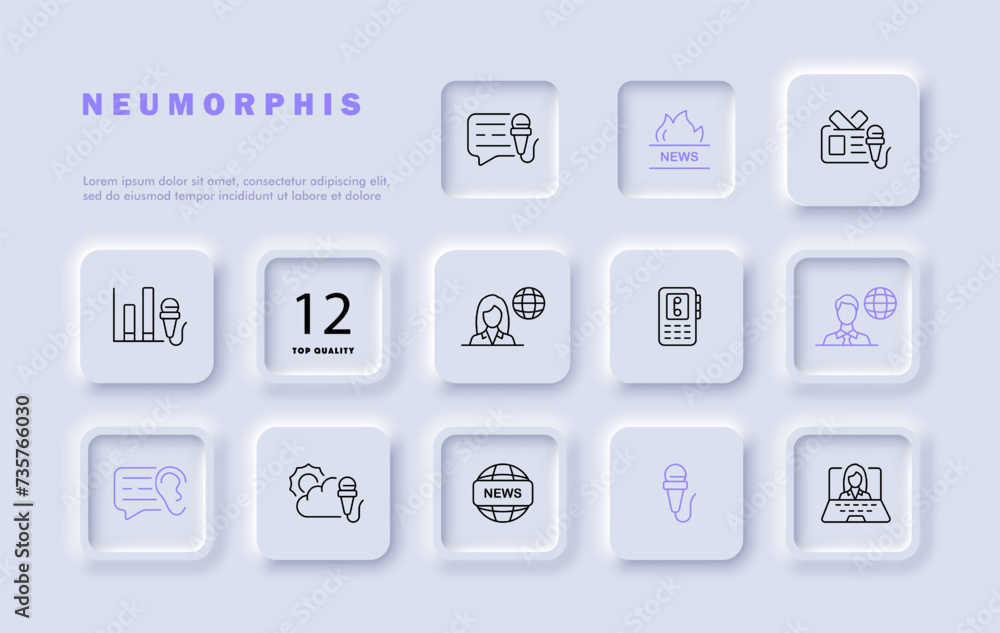 News set line icon. Reporter, microphone, weather forecast, economy, elections, finance chart. Neomorphism style. Vector line icon for business and advertising News set line icon. Reporter, microphone, weather forecast, economy, elections, finance chart. Neomorphism style. Vector line icon for business and advertising