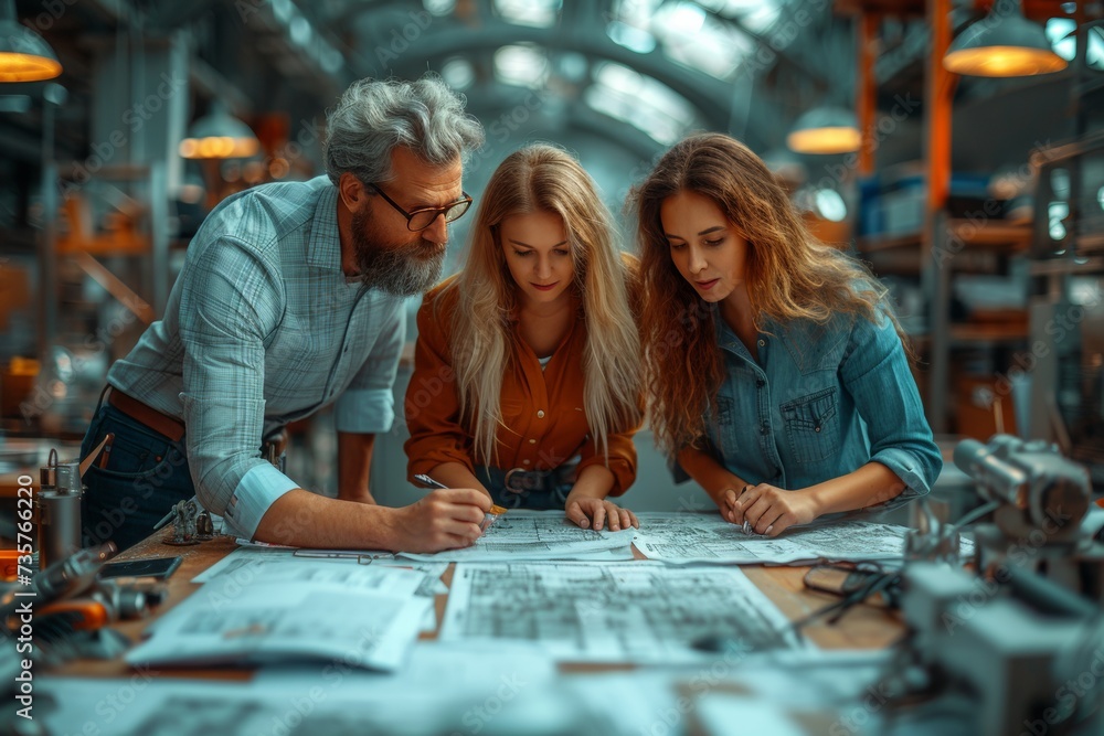 Fototapeta premium Team collaborates on engineering plans in a workshop