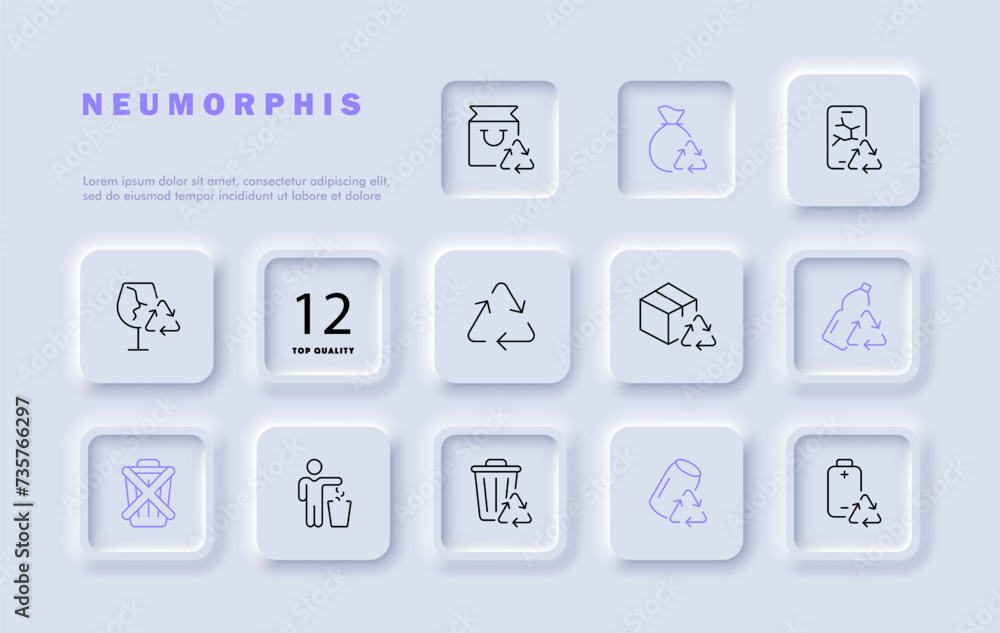 Recycling set line icon. Garbage, glass, packaging, trash bin, trash can, cardboard, glass, plastic. Neomorphism style. Vector line icon for business and advertising Recycling set line icon. Garbage, glass, packaging, trash bin, trash can, cardboard, glass, plastic. Neomorphism style. Vector line icon for business and advertising